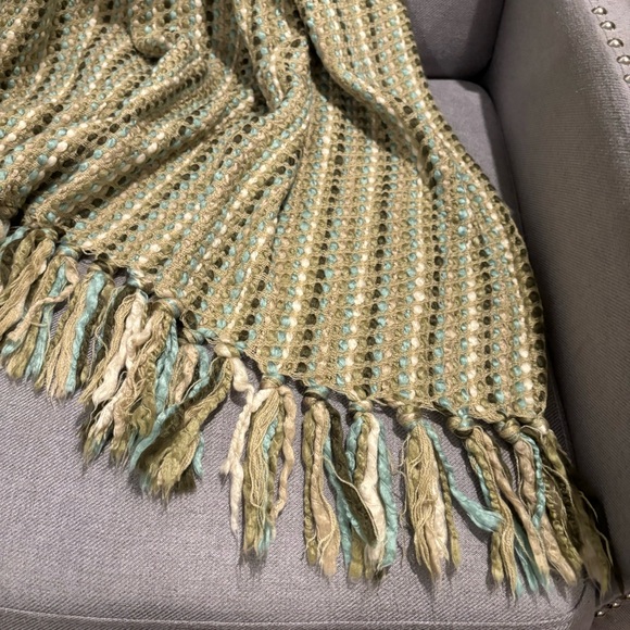 Cynthia Rowley Soft Cozy Afghan Throw fringed Green Cream Aqua 49X64 EUC - Picture 6 of 13